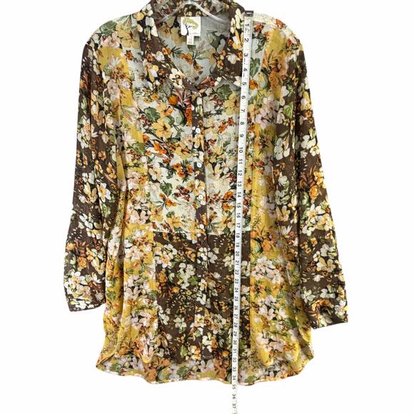 Fig And Flower Sheer Tunic Blouse XL Brown Yellow Floral Button Down Boho - Picture 7 of 14